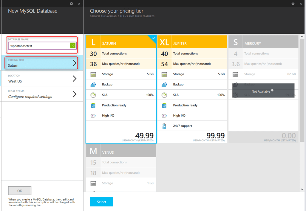 Changing database Configurations - Microsoft Azure WordPress